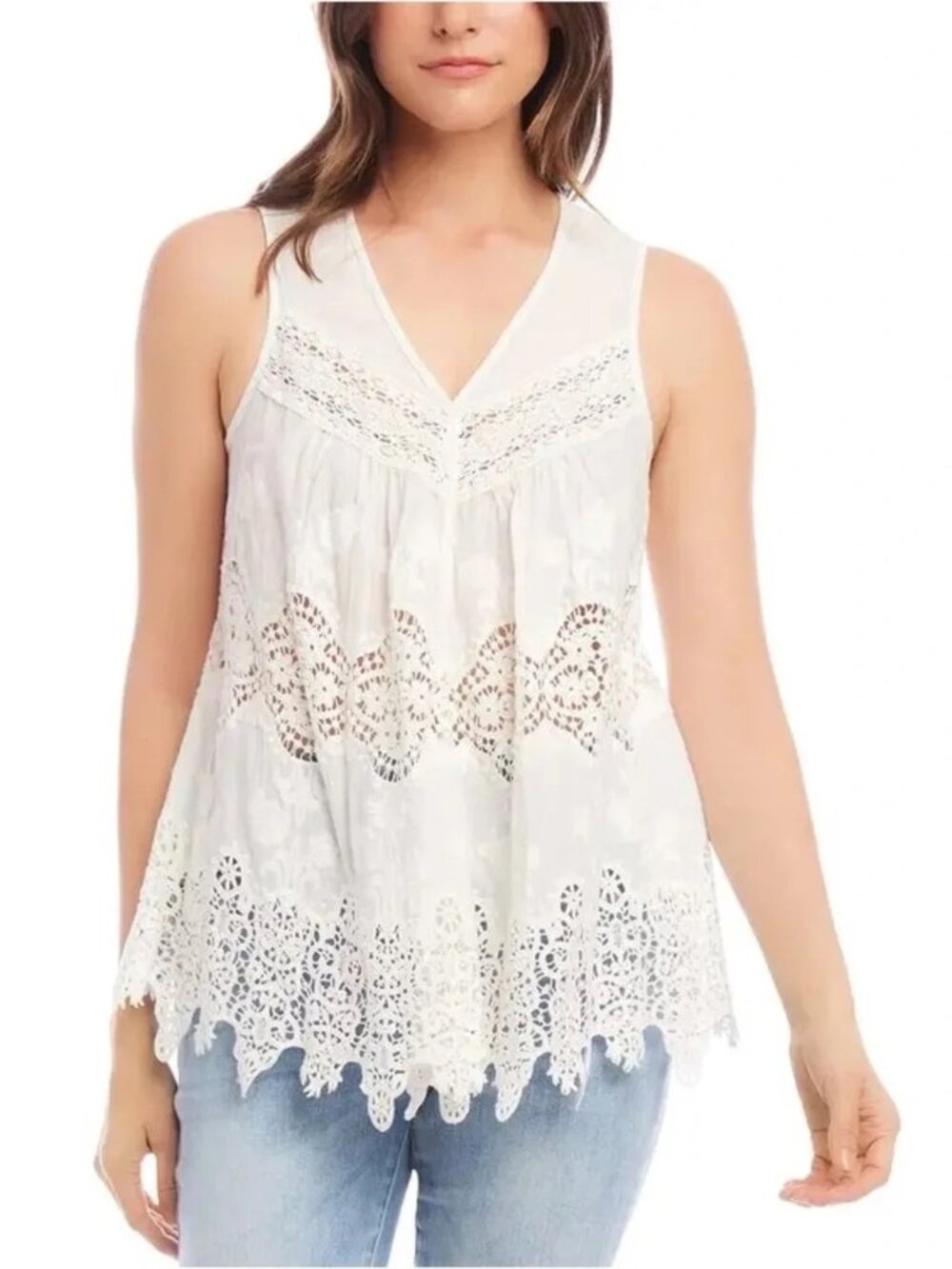 White Lace Embroidered Boho Tank Top 100% Cotton Sleeveless Crochet Trim Size M - Picture 8 of 10